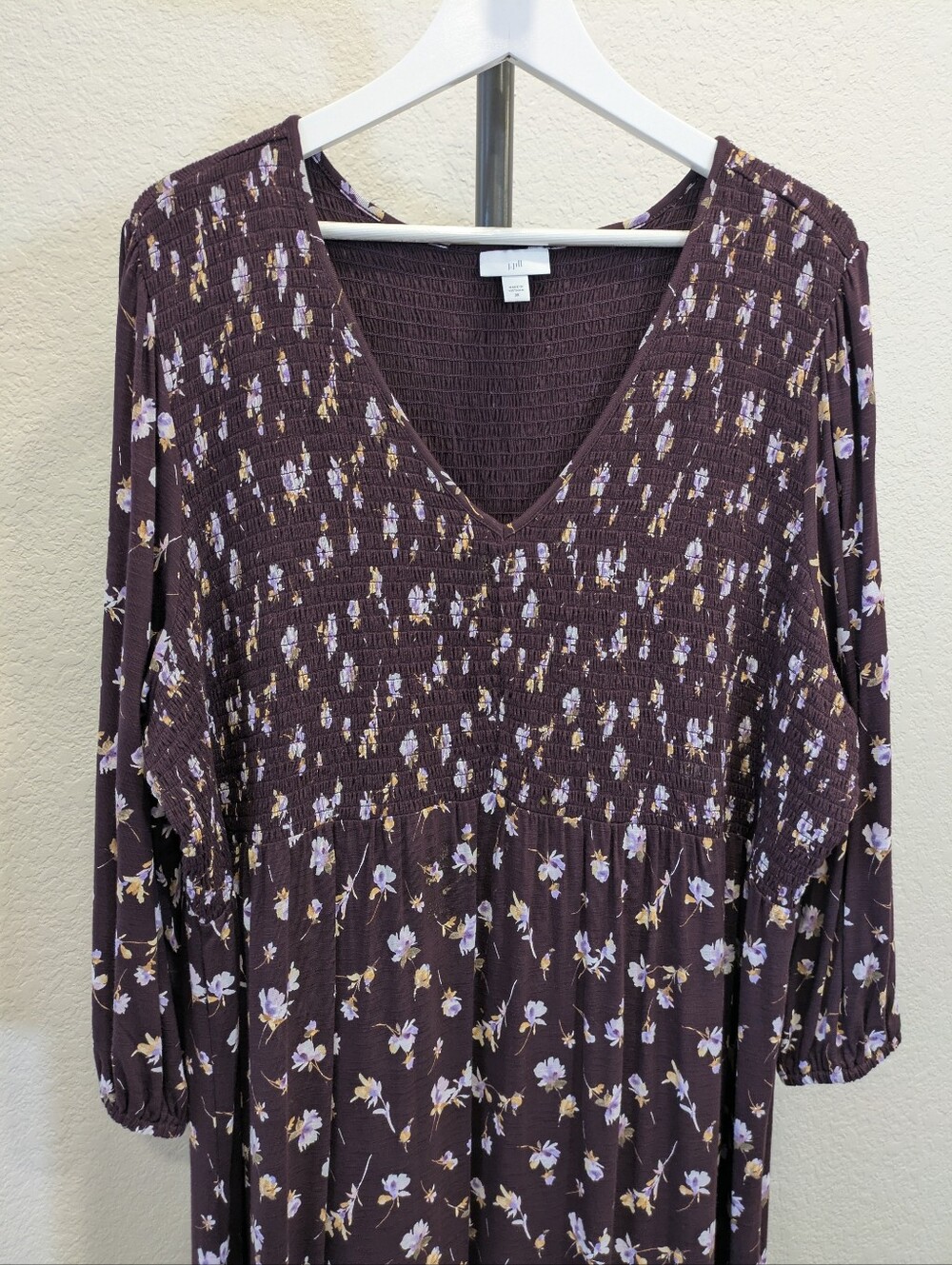 J. Jill Tiered Flounced Hem Floral Midi Dress 3X Floral Smocked Bodice V Neck - Picture 3 of 12
